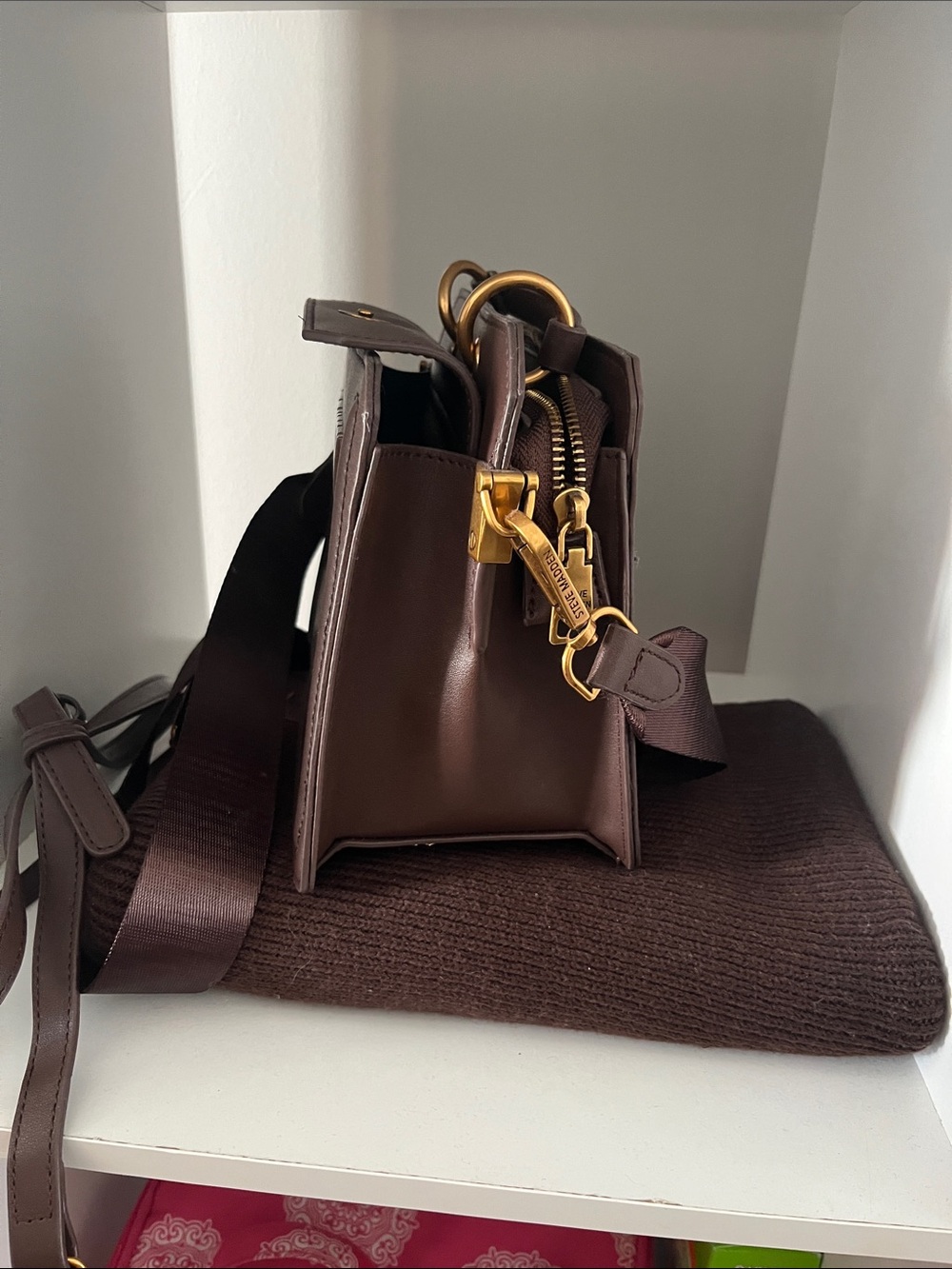 Steve Madden Chocolate Brown Box Satchel with Top Handle - Picture 3 of 6
